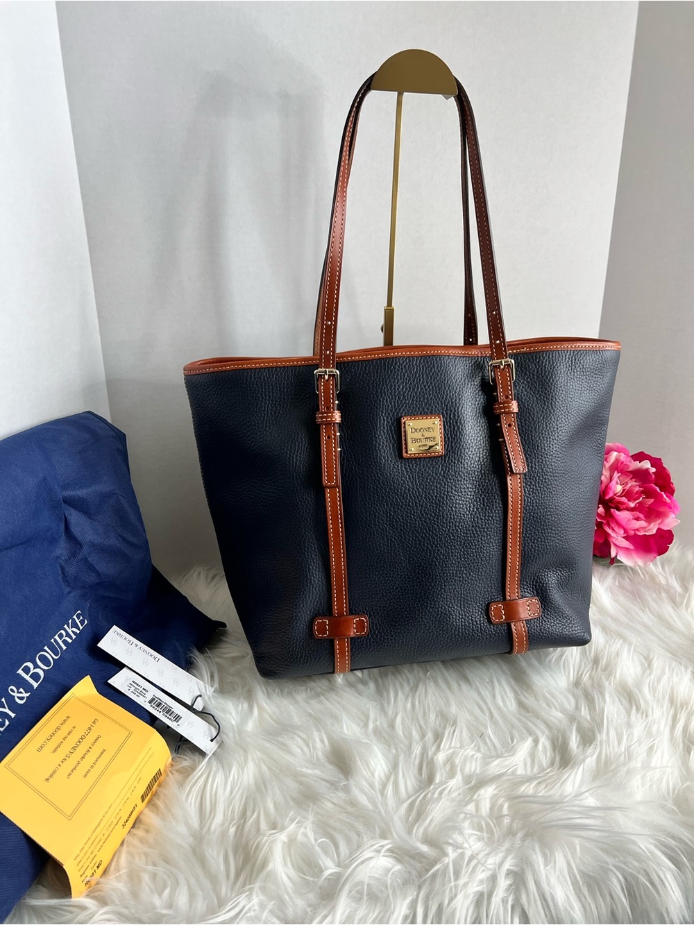 Dooney & Bourke Navy Pebbled Leather East/West Tote with Brown Trim